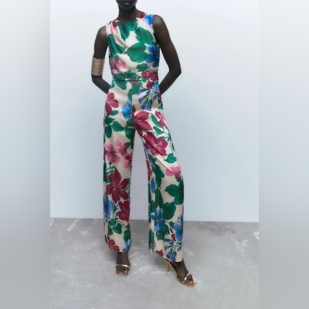 Zara Floral Wide-Leg Jumpsuit in Cream with Florals in Green, Pink, Blue